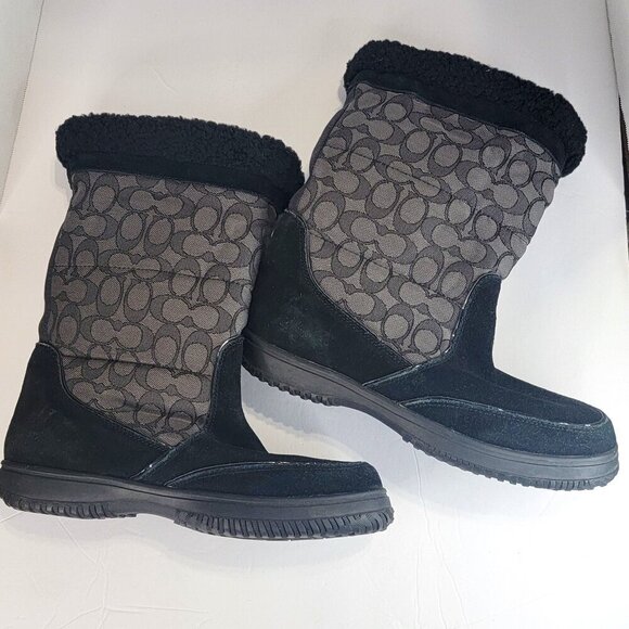 Coach Sherman Winter Boots Fleece Lined Black Suede Logo Print Booties US 9.5 - Picture 1 of 13